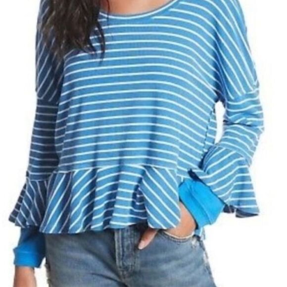 FREE‎ PEOPLE Roundabout Blue White Nautical Henley Peplum Tee Size Medium - Picture 4 of 8